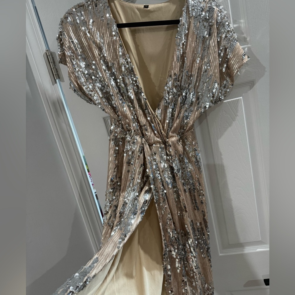 NYE gold and silver sequin sparkle high low dress